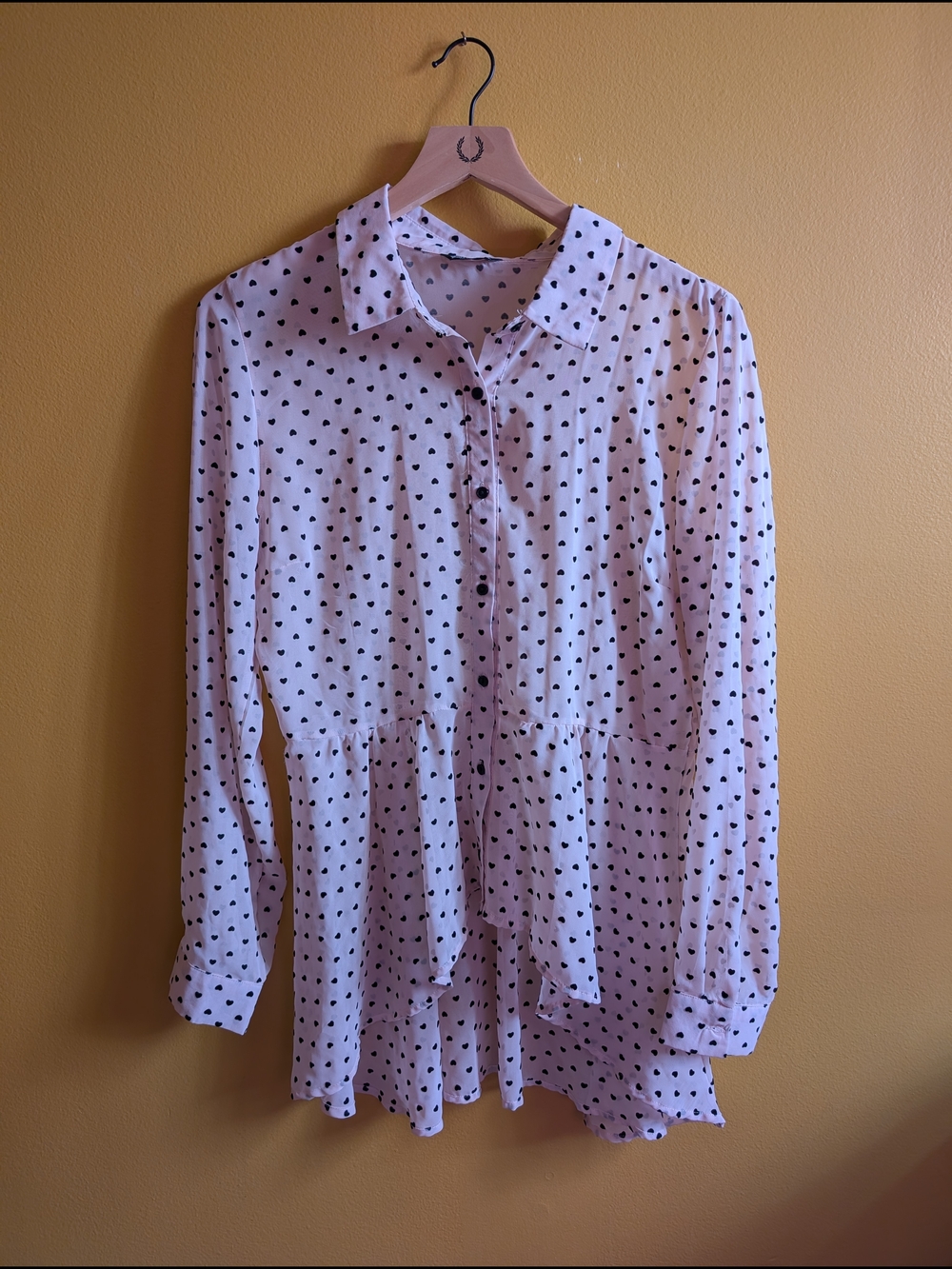 Wallflower White Button-Up Peplum Blouse with Black Heart Print